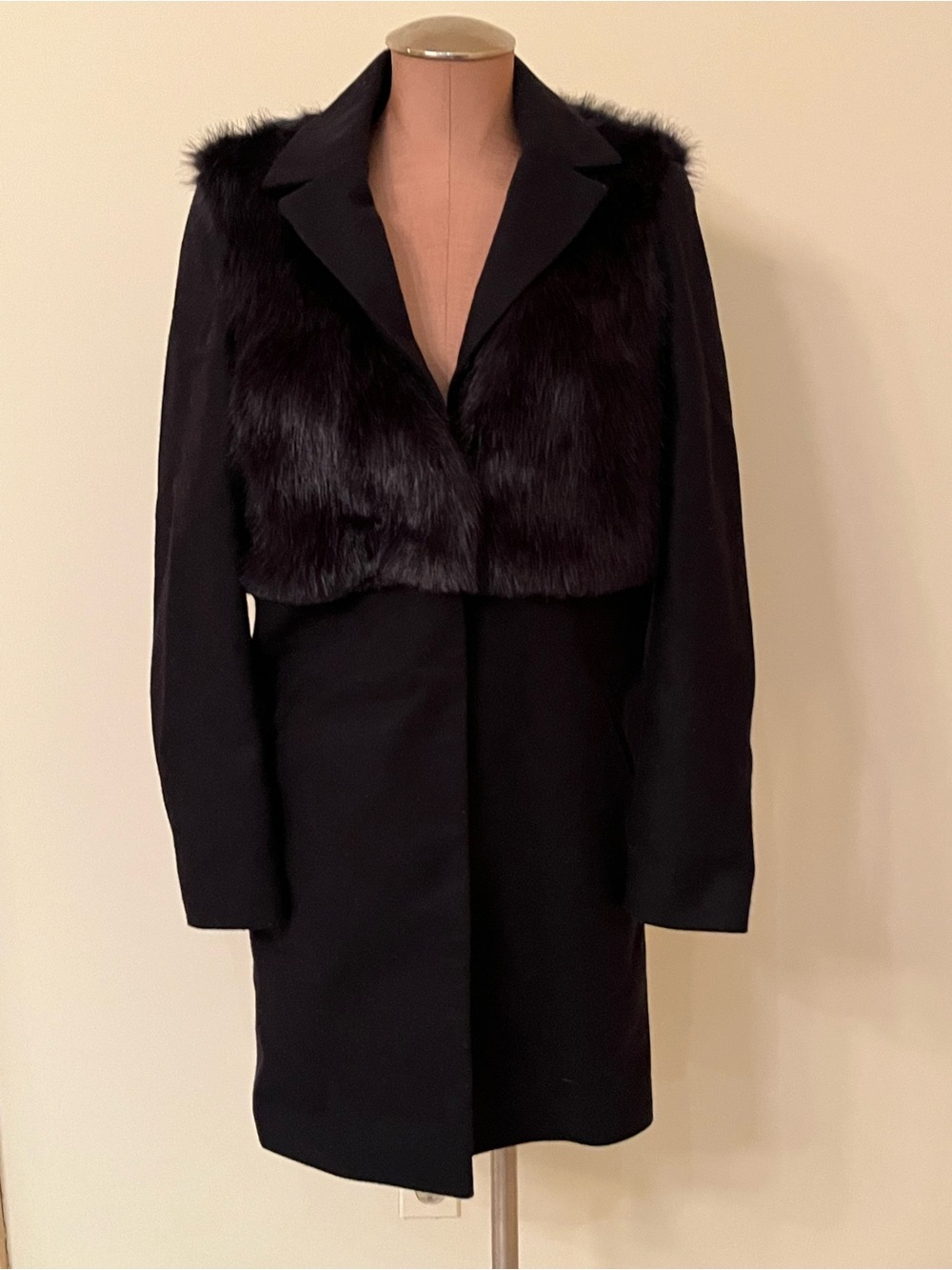 TOPSHOP NWOT Career/Artsy Faux Fur "Vest" 2 Pocket Snap Up Navy Wool Pea Coat 2